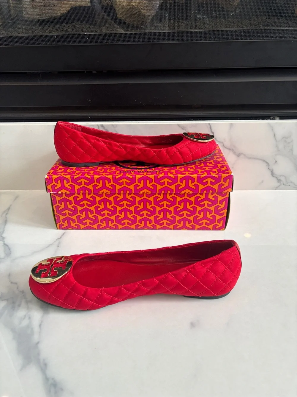 Tory Burch Bright Red Quilted Logo Flats with Gold Emblem